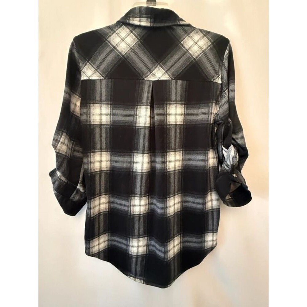 Eden & Olivia Black White Plaid Roll Tab Sleeve Button Up Shirt S - Picture 2 of 7